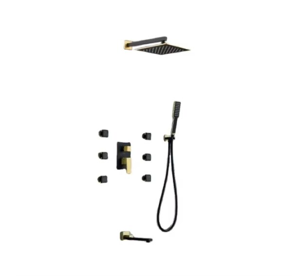 Brushed Gold and Black Shower Systems Wall Mounted Shower Faucets Sets Complete Bathroom