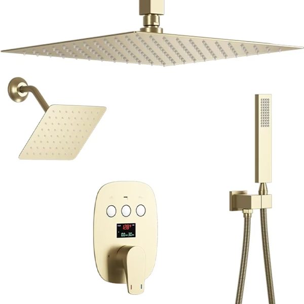 Square Rainfall Shower Combo Set Temperature Display Shower Valve Ceiling-Mounted Rainfall System Made of Brass
