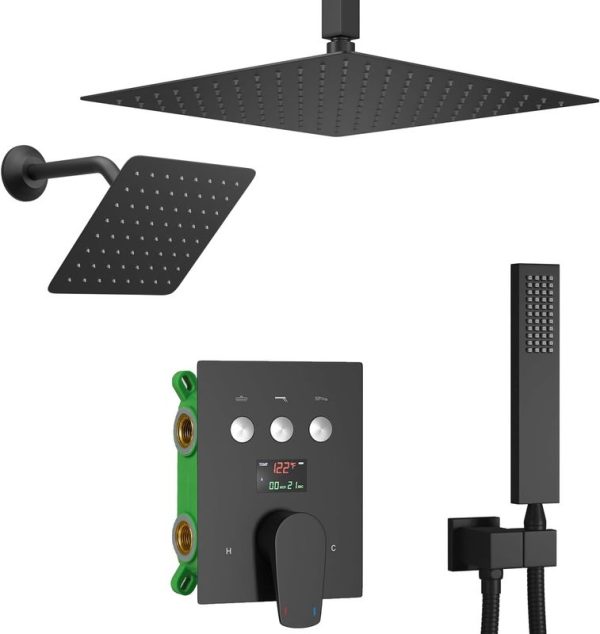 Ceiling Mounted Rainfall Shower Head 8" Wall Mounted Matte Black Luxury Digital Display Shower Fixtures Shower Faucet Set