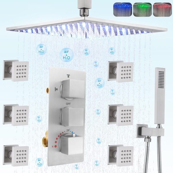 Brushed Nickel Rain Shower System with Body Jets Thermostatic Full Body Spray Shower Faucet Set