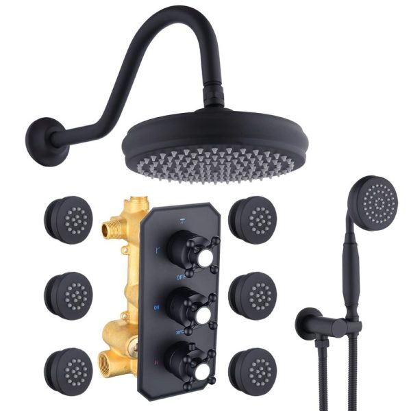 12 Inch Modern Bathroom Shower Head Set Round Black Shower System with Thermostat Rain Toilet Shower Mixer Set High Pressure