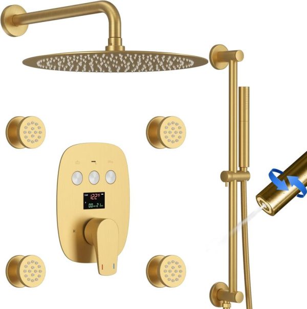 Round Brushed Gold Rainfall Shower System with Diverter Handheld Faucets Sets for Bathroom Use