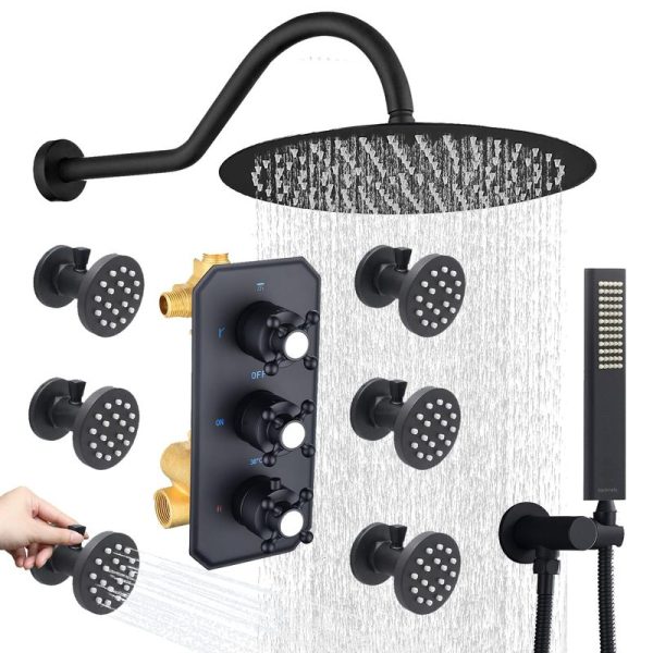 12 Inch Thermostatic Matte Black Shower System With Handheld and Body Jets