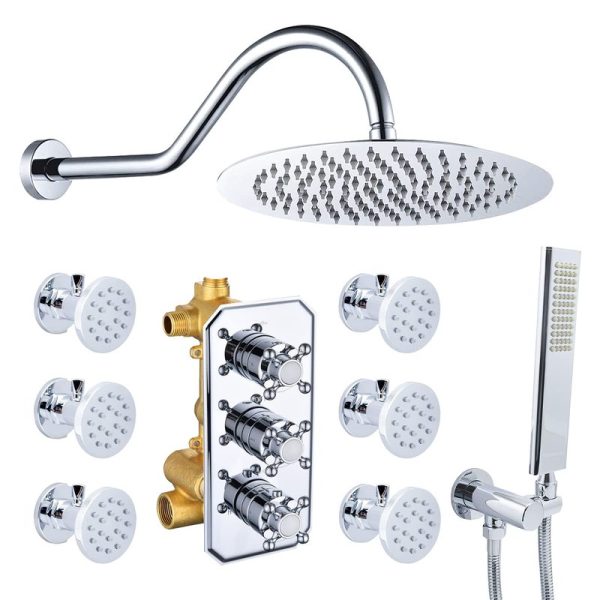 12 Inch Wall Mount Shower Jets System, 3-Function Thermostatic Shower System