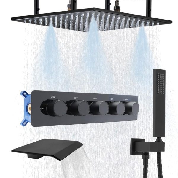 16-Inch 4-Way Thermostatic Rainfall Mist Shower System Set with Tub Spout Bathroom Faucet Accessories
