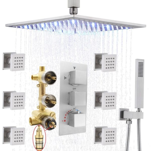 16 Inch All Copper Tub Shower Faucet Combo Complete Set LED Wall Mounted Rain Shower Head System With Handheld Spray