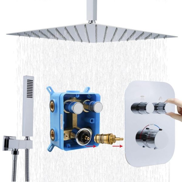 16 Inch Ceiling Mount Thermostatic Shower System in Brushed Chrome Includes Hand Showers for Bathroom Faucet Accessory