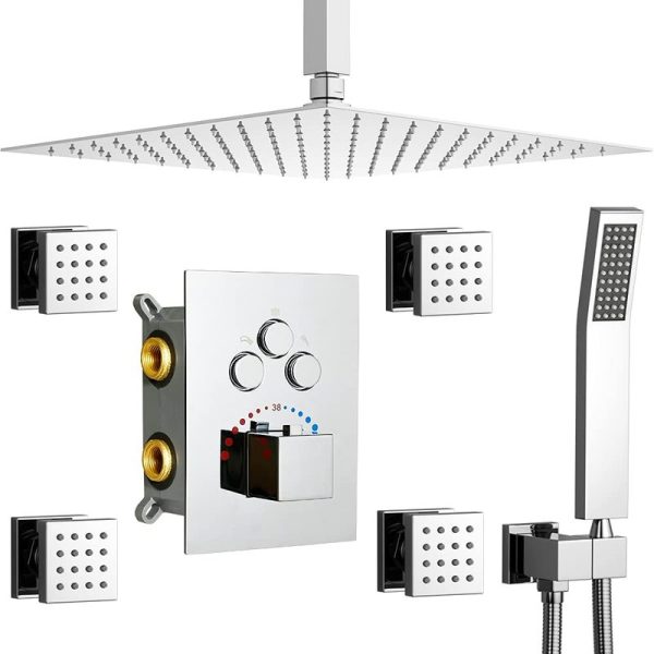 16-Inch Chrome Rainfall Shower System Large Ceiling Faucet with Body Jets Eco-Friendly Hot & Cold Features