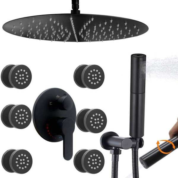 16 Inch Matte Black Round Rain Shower Head Bathroom Shower System