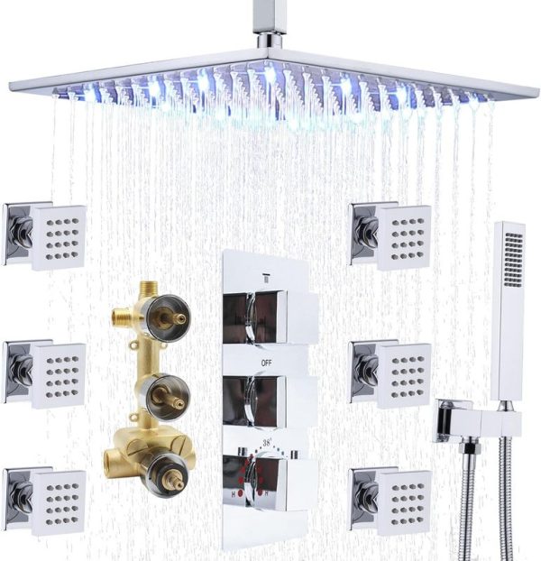 16 Inch Thermostatic Shower System with Body Jets and Handheld Brass Shower Combo Kit for Modern Bathroom