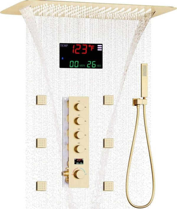Brushed Gold Thermostatic Digital Display Pressure Balance Shower System Diverter Hand Shower Faucet for Bathroom Use