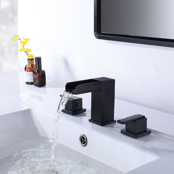 2 Handle 3 Hole Widespread Matte Black Waterfall Bathroom Faucet Vanity Sink Faucet 4 1