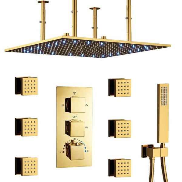 20 Inch Polished Gold Thermostatic Luxury LED Ceiling Full Body Rain Shower System