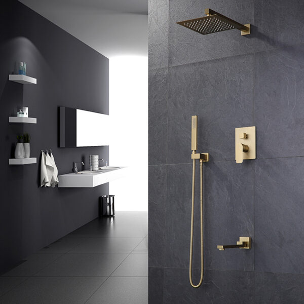 Brushed nickle gold bathroom shower hot and cold shower mixer in wall mounted rain concealed shower set - Imagen 5