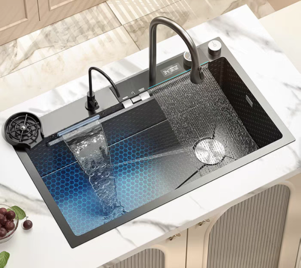 Smart Kitchen Sink Nano Black Handmade Kitchen Sink Double Waterfalls Kitchen Sink with Digital Display