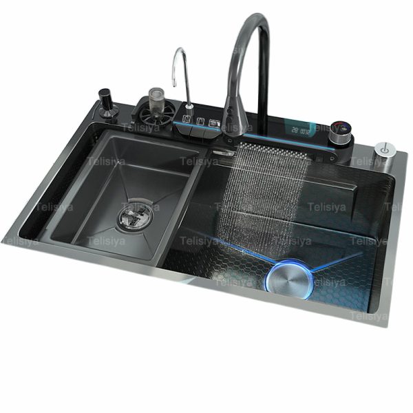 Luxury Kitchen Black Digital Display Large Bowl Sink with Cup Washer and Waterfall Faucet for Hotel Kitchen