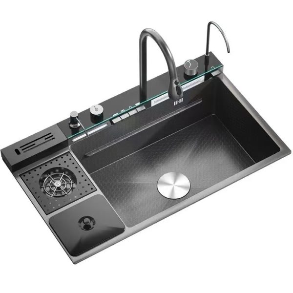 New Trends Digital Display Waterfall Kitchen Faucet 304 SUS Brass Piano Faucet Single Bowl Handmade Knife Holder Three