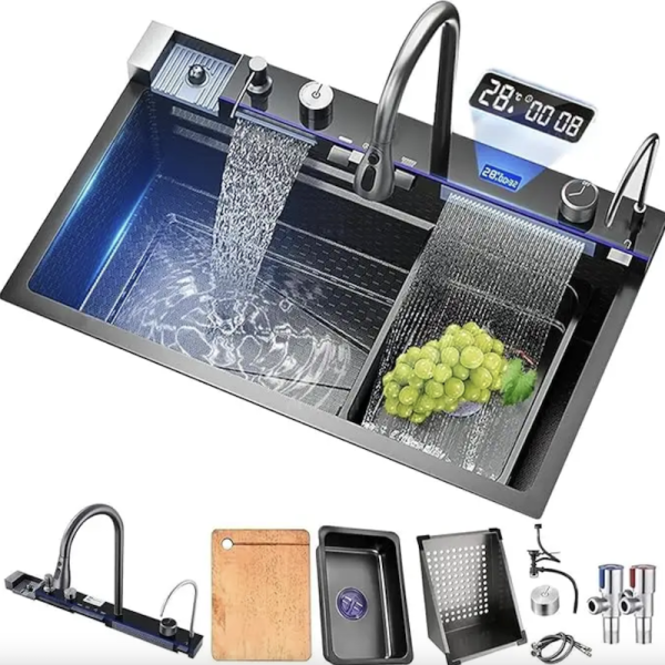 Single Slot Multifunction Sink Anti-Scratch LED Digital Display 304 Stainless Steel Waterfall Kitchen Sinks