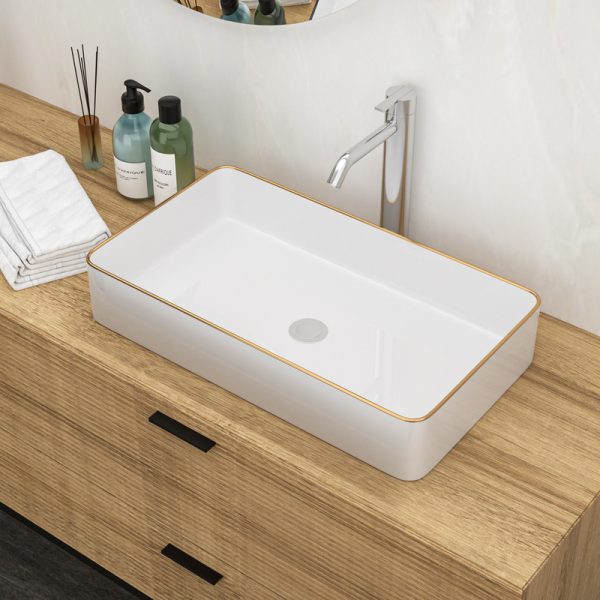 24 Inch Washroom Rectangular Luxury Ceramic Art White Gold Edge Wash Basin of Bathroom Sink