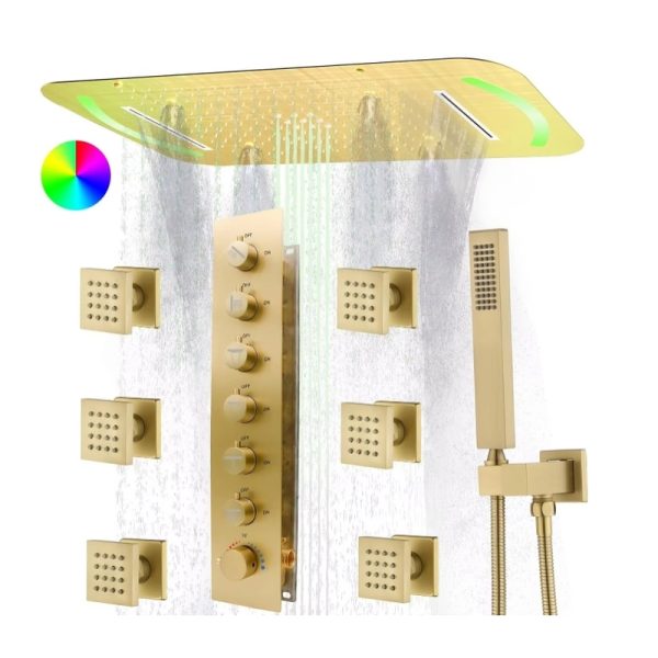 Rainfall Shower 4 Functions LED Shower Head System Brushed Gold Super Large Shower System