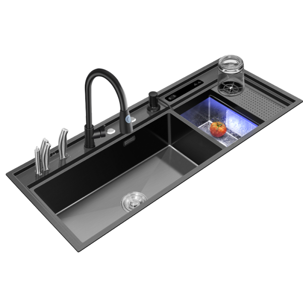 Multifunction Stainless Steel Smart Kitchen Black Double Bowl Undermount Ultrasonic Washing Fruit Vegetable Seafood Kitchen
