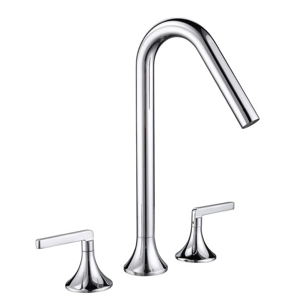 3 Hole Bathroom Curved Spout Deck Mounted Brass Hot and Cold Water Chrome Wash Basin Faucets