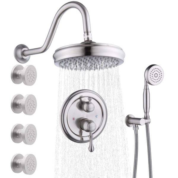 3 Ways Brushed Nickel Shower System with Jets 8 Inch Rainfall Head