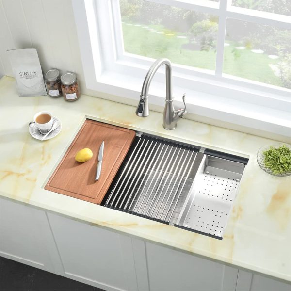 30 Inch Handmade Kitchen Sink 16 Gauge Undermount Single Bowl Sink with Right Hand Off Set Drain