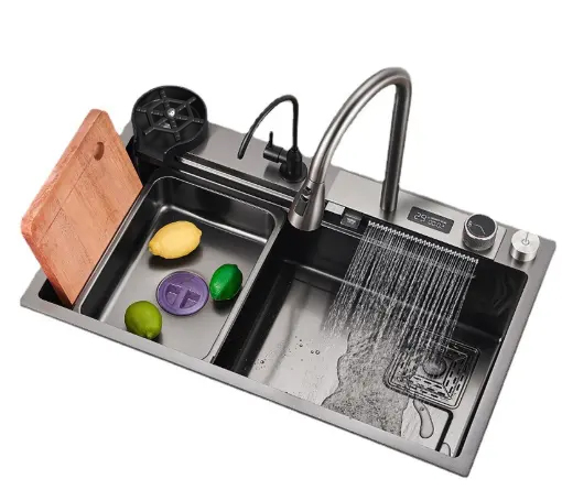 304/201 Stainless Steel Large Basin Digital Display Intelligent Kitchen Sink  with Cutting Board