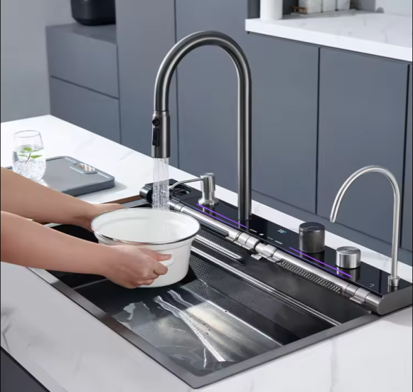 Handmade Sink Kitchen Single Multifunctional LED Digital Display Waterfall Kitchen Sink