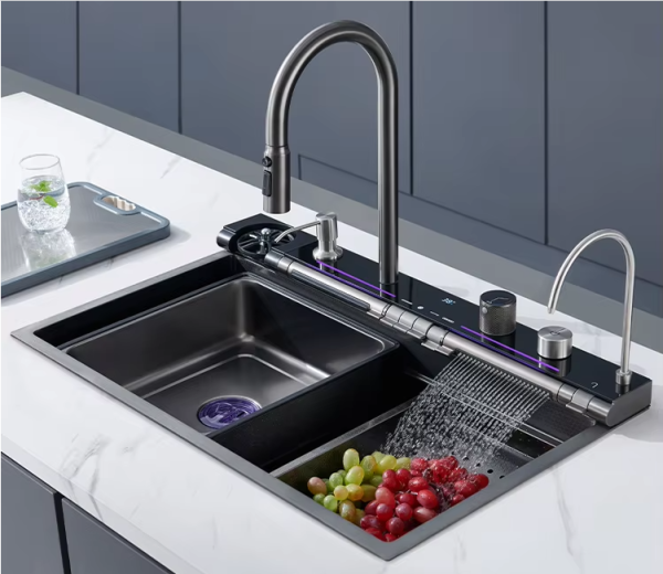 Handmade Sink Kitchen Single Multifunctional LED Digital Display Waterfall Kitchen Sink Accessories