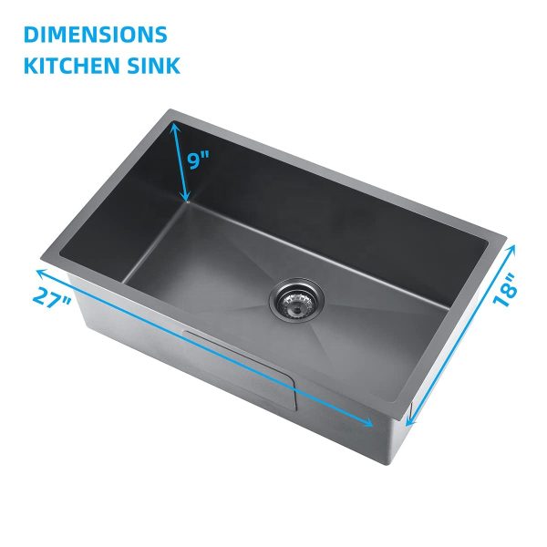 304 Stainless Steel Kitchen Sink Gunmetal Black 16 Gauge 10 Inch Deep Single Bowl Black Sink