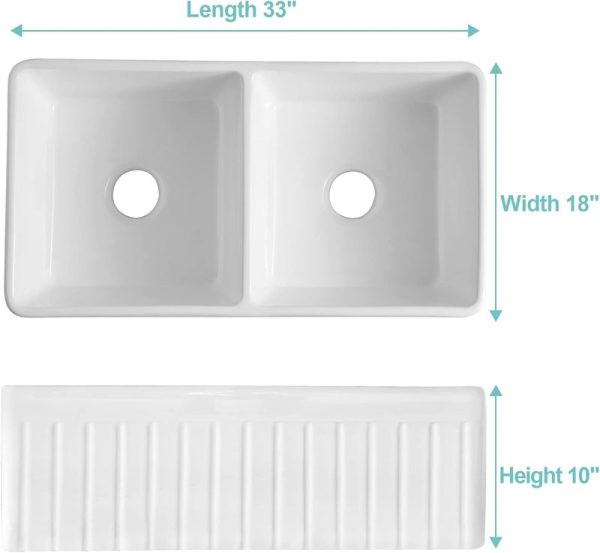 Double Bowl Farmhouse Sink White Porcelain Fireclay Ceramic Apron-Front Workstation Kitchen Sink with Gril