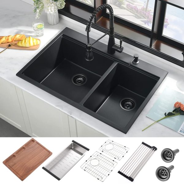 33 Inch Ledge Workstation 60/40 Double Bowl Drop in 16 Gauge Black Stainless Steel Kitchen Sink