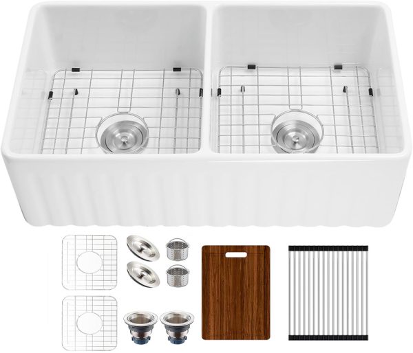 Ceramic Farmhouse Sink Apron Front Farm Porcelain Double Bowl Kitchen Sink with Accessories