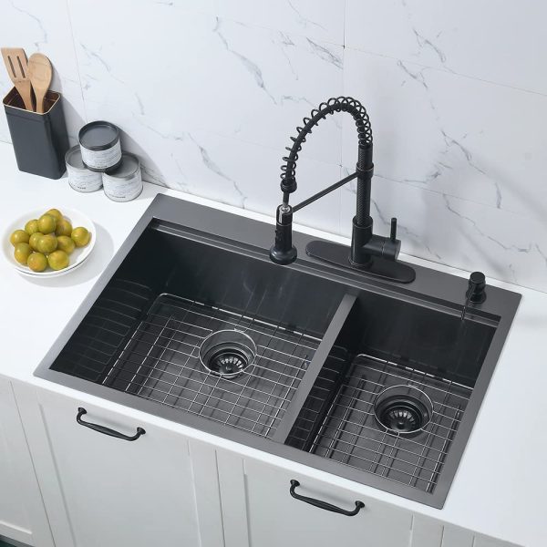 10 Inch 60/40 Workstation Ledge Double Bowl Gun Black Stainless Steel Topmount Kitchen Sink