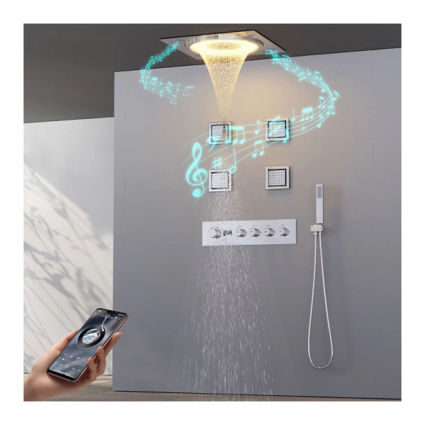 4 Functions Thermostatic Shower System LED Music Rainfall Waterfall Shower System Ceiling Mounted Shower Faucet Set