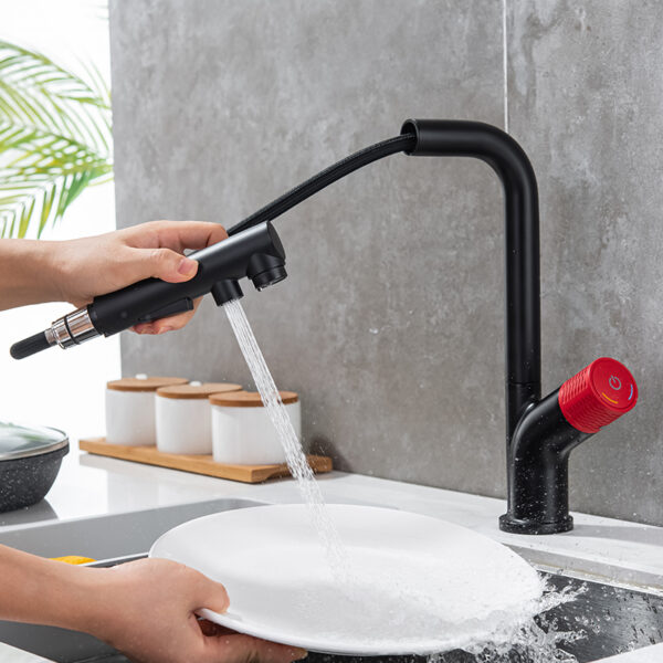 7 shaped matte black and red pull out sprayer kitchen faucet with 360 degree nozzle hot and cold water faucet 2