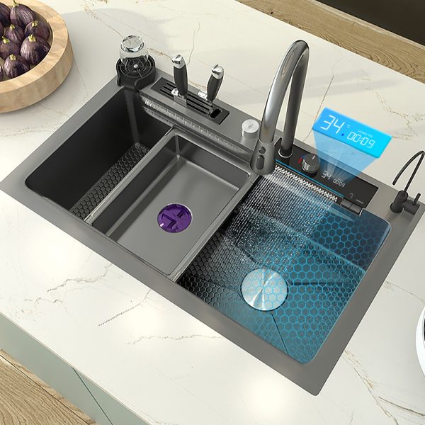Black Smart Kitchen Nano Honeycomb Stainless Steel Sink with Waterfall Faucet and Knife Rest for Hotel Kitchen