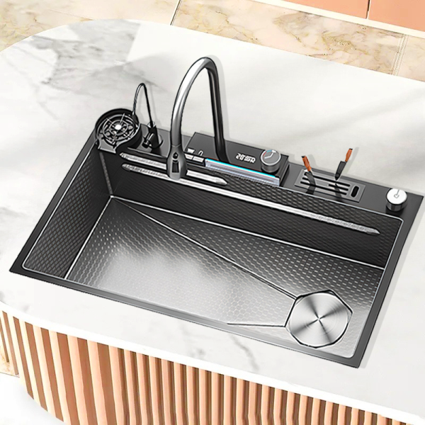Kitchen Sink with Waterfall Double Faucet Knife Rack Plate and Cup Washer for Hotel Kitchen