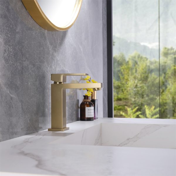 Deck Mounted Single Hole Hot Cold Water Supply Brushed Gold Finish Brass Single Handle Basin Tap