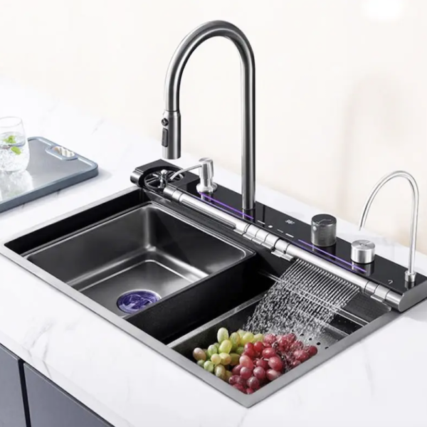 Nano Black Stainless Steel 304 Anti-Scratch Piano Key Rainfall Waterfall LED Display Farmhouse Kitchen Sink