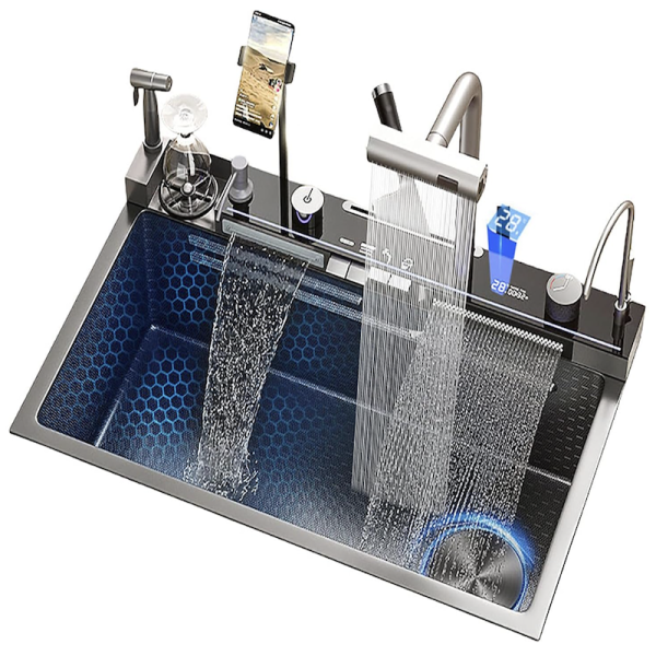 Modern Smart Kitchen Sink 304 Stainless Steel Single Bowl Kitchen Sinks Digital Display Waterfall Sink