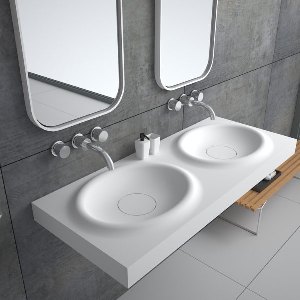 New Design Stone Resin Hanging Bathroom Sinks with Two Faucets Double Wash Basin Sink