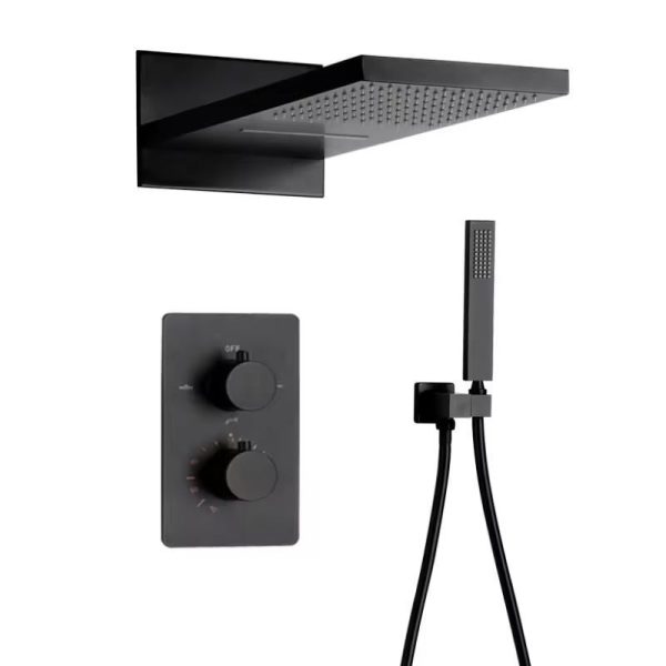 Bathroom Black Concealed Rain Shower System Set With Top Spray Waterfall Shower Head Brass Three Hole Shower Set