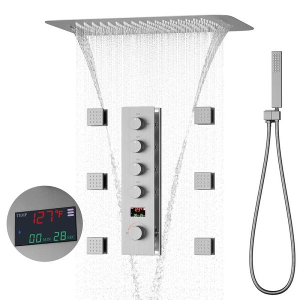 Bathroom Brushed Nickel Ceiling Shower System Large Dual Function Rainfall Waterfall Shower