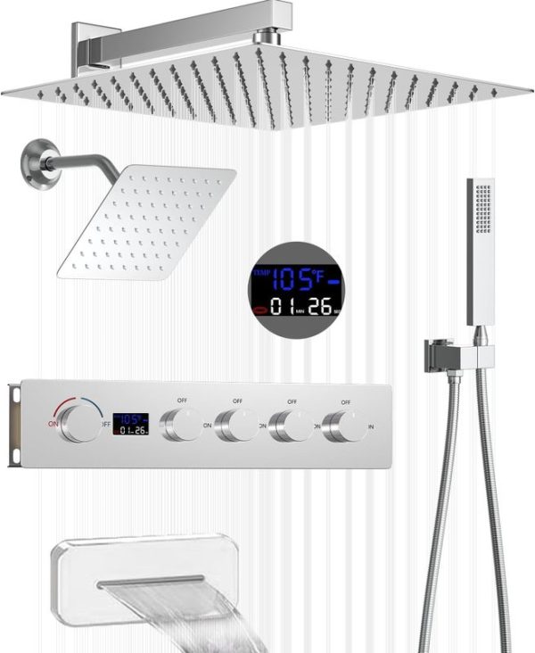Bathroom Chrome Shower System Luxury Rainfall Shower Faucet Set Temperature Display Rainfall Shower Complete Set