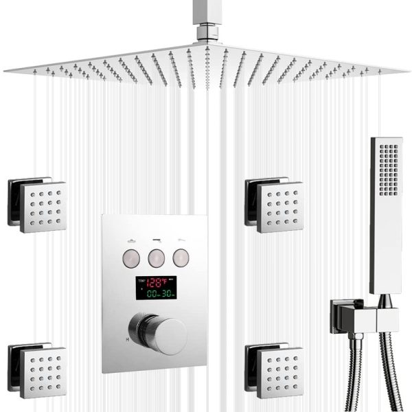 Bathroom Digital Display Rain Shower System Chrome Ceiling Shower Faucet Combo Set