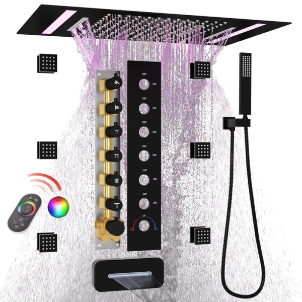 Bathroom LED Thermostatic Black Rain Waterfall Shower Set High Flow Shower System