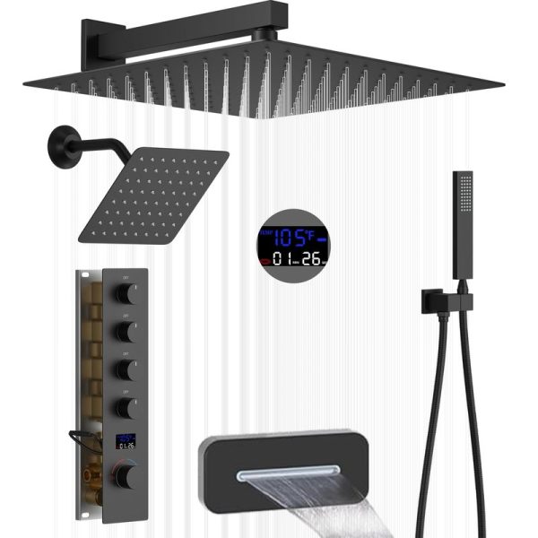 Bathroom Matte Black Shower System Temperature Display Shower Faucet Set